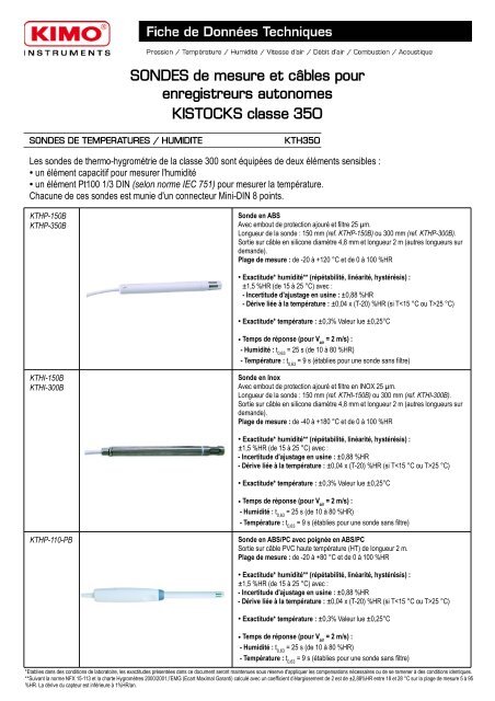 SONDES de mesure et câbles pour enregistreurs ... - Kimo Canada