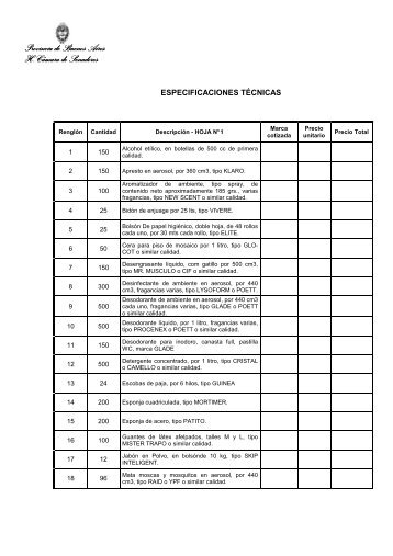 4 Especificaciones TÃ©cnicas Elementos Limpieza 2013 - Honorable ...