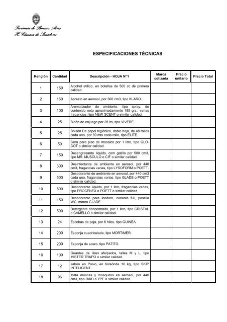 4 Especificaciones TÃ©cnicas Elementos Limpieza 2013 - Honorable ...