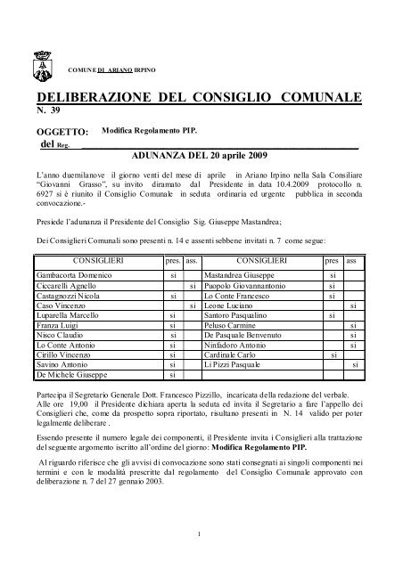 Modifica Regolamento PIP. - Comune di Ariano Irpino