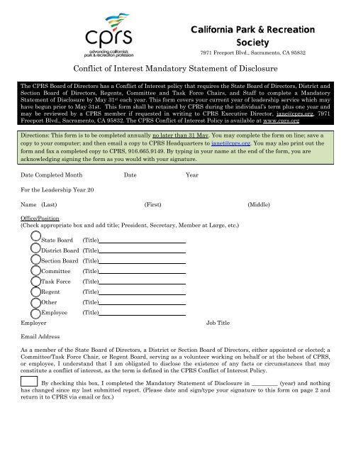 CPRS Conflict of Interest Disclosure Form - California Park ...