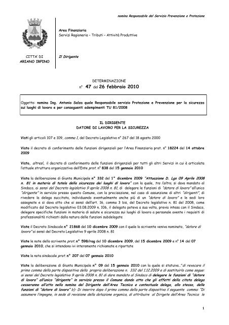 Nomina Ing. Antonio Salza quale Responsabile servizio Protezione ...
