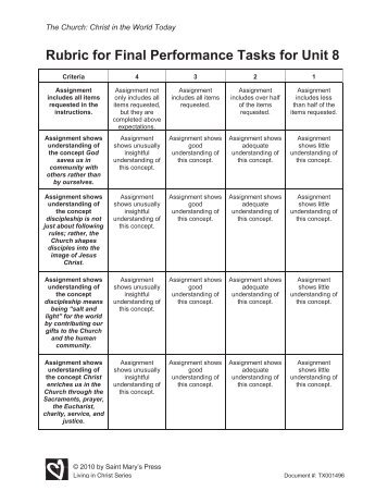 Rubric for Final Performance Tasks for Unit 8 - Saint Mary's Press
