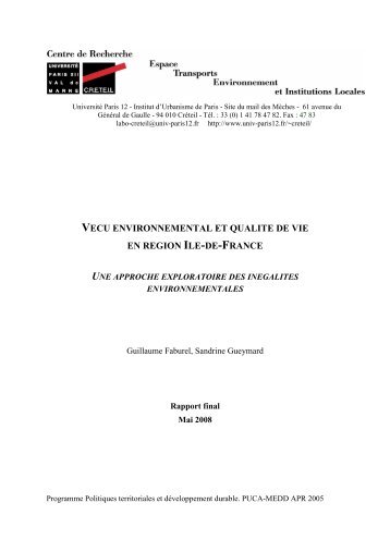 Rapport final CRETEIL Vécu environnemental et qualité de vie en ...