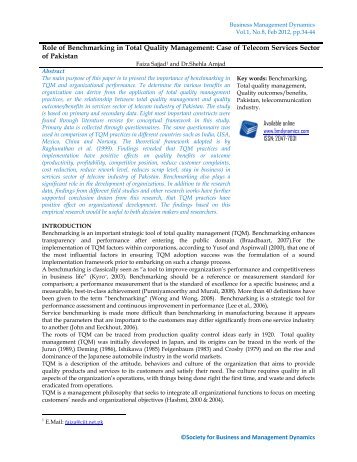 Role of Benchmarking in Total Quality Management: Case of ...