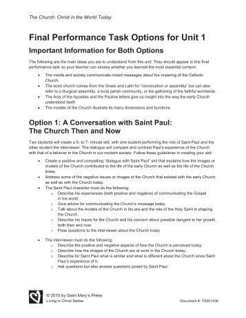 Final Performance Task Options for Unit 1 - Saint Mary's Press