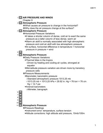 AIR PRESSURE AND WINDS Chapter 8 Atmospheric Pressure ...