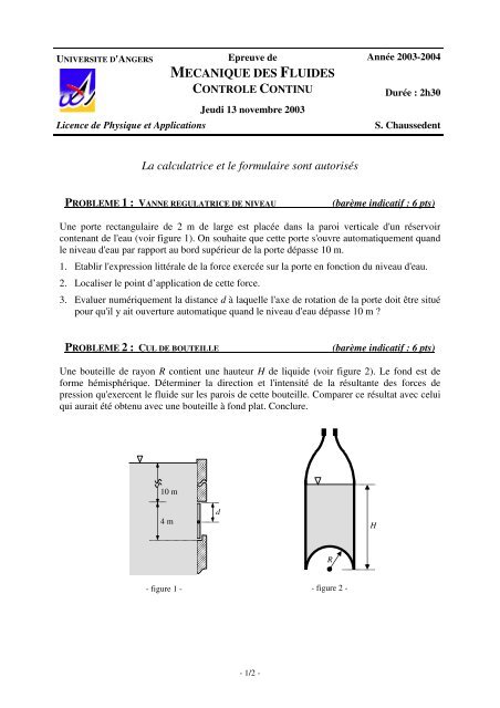 MECANIQUE DES FLUIDES La calculatrice et le formulaire sont ...