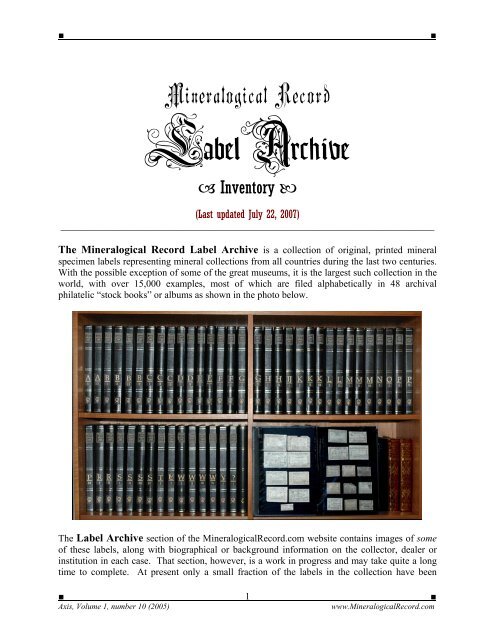 Mineralogical Record Label Archive - The Mineralogical Record