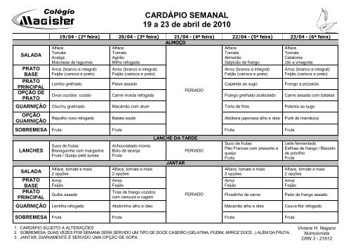 Cardápio Semanal - 19-04 à 14-05-10 - Ning