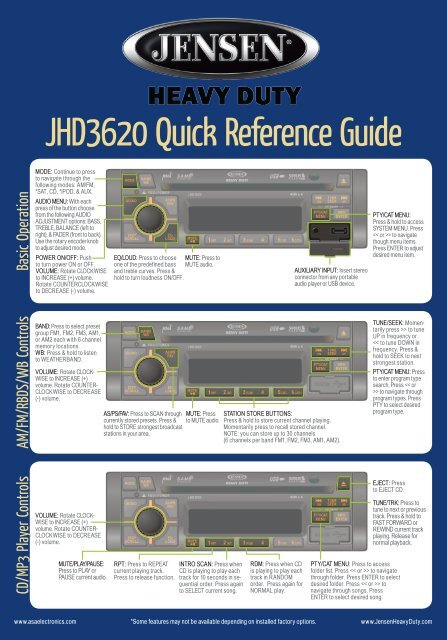 JHD3620 Quick Reference Guide - Jensen Heavy Duty