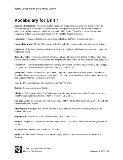 Vocabulary for Unit 1 - Saint Mary's Press