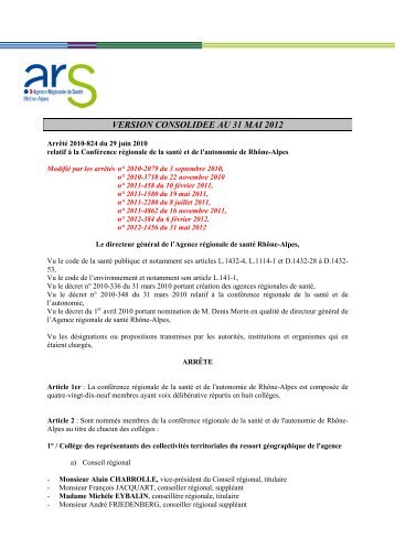 CRSA ArrÃªtÃ© v. CONSOLIDEE au 31 mai .2012 - ARS RhÃ´ne-Alpes