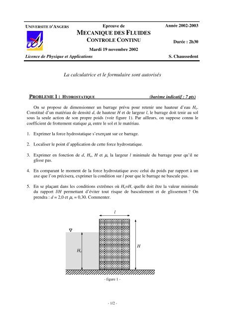 MECANIQUE DES FLUIDES La calculatrice et le formulaire sont ...