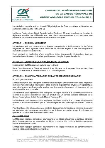 Charte de la Médiation Bancaire - Crédit Agricole Toulouse 31
