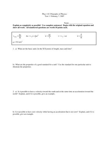 Phys 110 Principles of Physics Test 1 February 7, 2007 Name ...