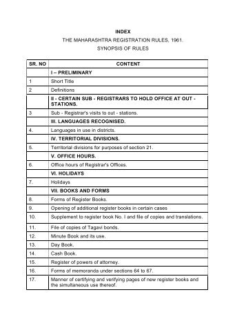 INDEX THE MAHARASHTRA REGISTRATION RULES, 1961 ...