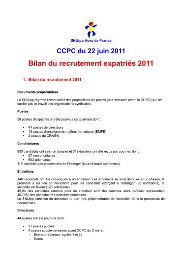 Bilan du recrutement expatriÃ©s 2011 - SNUipp