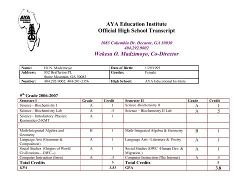AYA Education Institute Official High School Transcript Wekesa O ...