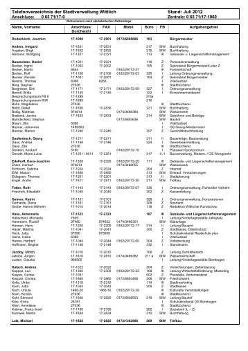Telefonverzeichnis der Stadtverwaltung Wittlich Stand: Juli 2012