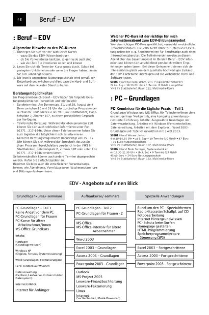 VolkshochschuleIserlohn : Programm August bis Dezember 2008