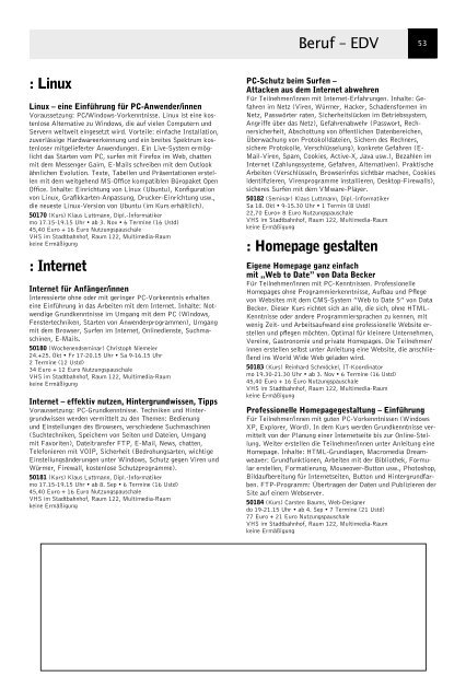 VolkshochschuleIserlohn : Programm August bis Dezember 2008