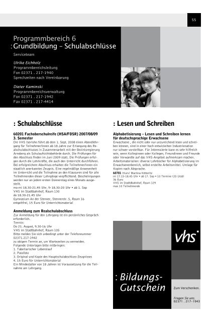 VolkshochschuleIserlohn : Programm August bis Dezember 2008