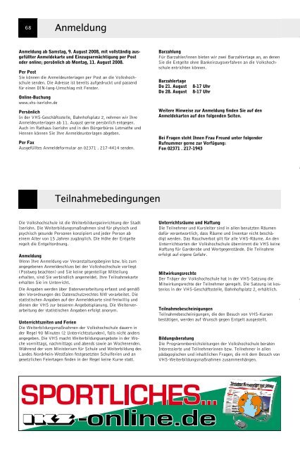 VolkshochschuleIserlohn : Programm August bis Dezember 2008