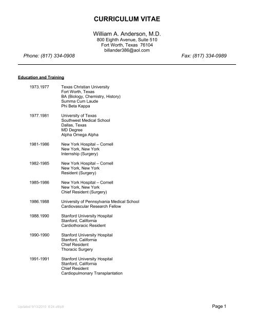 curriculum vitae - William A. Anderson MD