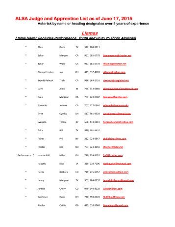 List of ALSA Judges - Alpaca Llama Show Association