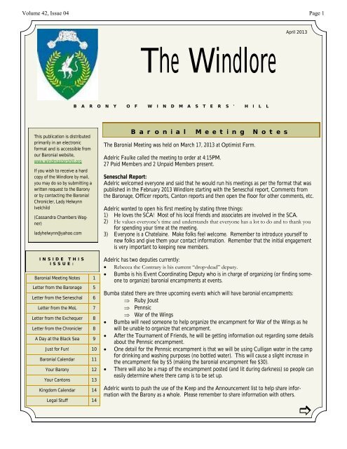April 2013 Volume 42 Issue 04 - The Barony of Windmasters' Hill