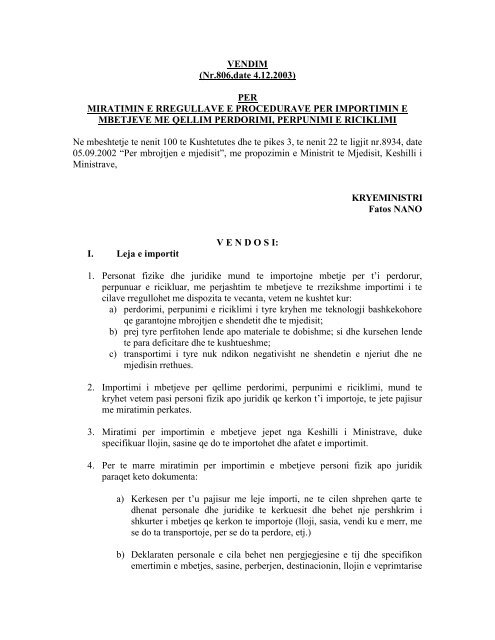 VENDIM (Nr.806,date 4.12.2003) PER MIRATIMIN E ... - Riciklimi.al