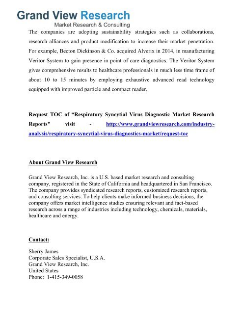 Respiratory Syncytial Virus Diagnostics Market Forecast, Trends, Industry Outlook To 2022: Grand View Research, Inc.