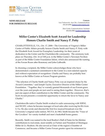 Miller Center's Elizabeth Scott Award for Leadership Honors Charlie ...
