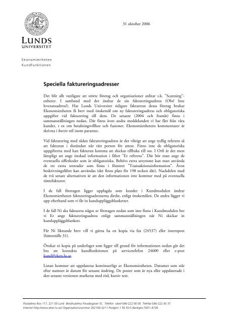 Speciella faktureringsadresser - Lunds universitet