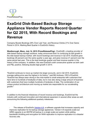 ExaGrid Disk-Based Backup Storage Appliance Vendor Reports Record Quarter for Q2 2015, With Record Bookings and Revenue