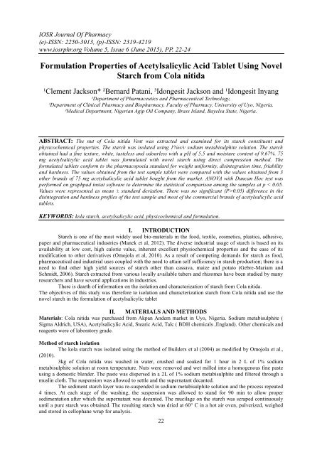 Formulation Properties of Acetylsalicylic Acid Tablet Using Novel Starch from Cola nitida