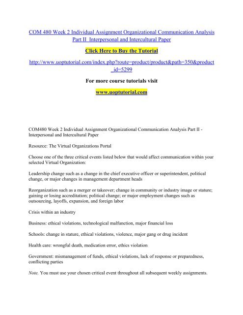 COM 480 Week 2 Individual Assignment Organizational Communication Analysis Part II  Interpersonal and Intercultural Paper