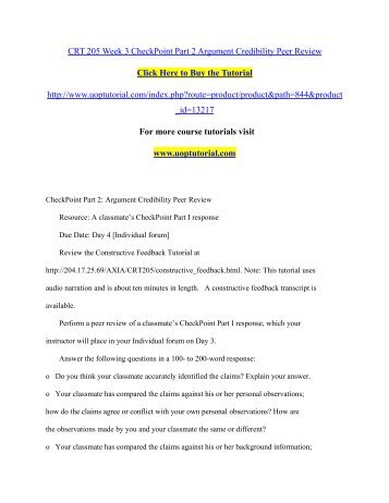 CRT 205 Week 3 CheckPoint Part 2 Argument Credibility Peer Review