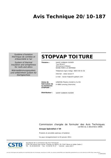 Avis Technique 20/10-187 STOPVAP TOITURE - Isover