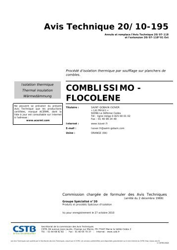 Avis Technique 20/10-195 COMBLISSIMO - FLOCOLENE - Isover
