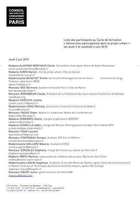 Liste des participants au Cycle de formation ... - (CAUE75) Paris