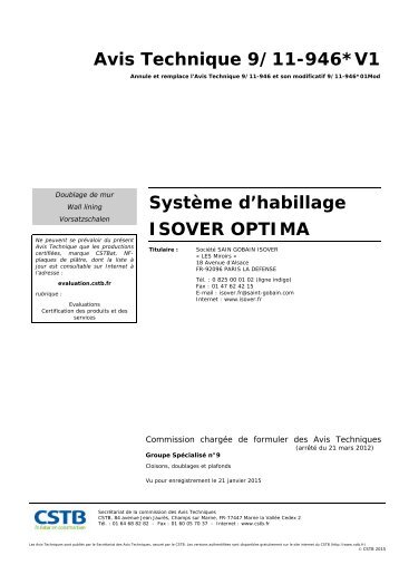 Avis Technique 9/11-946 Système d'habillage ISOVER OPTIMA