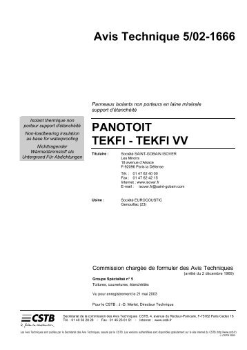 Avis Technique 5/0201666 PANOTOIT TEKFI 0 TEKFI VV - Isover