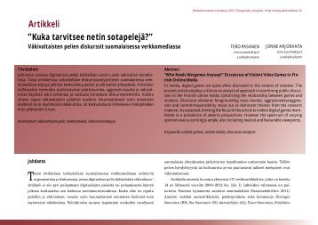 Kuka tarvitsee netin sotapelejÃ¤?â Artikkeli - Pelitutkimuksen vuosikirja