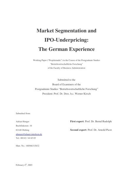 Market Segmentation and IPO-Underpricing: The German Experience