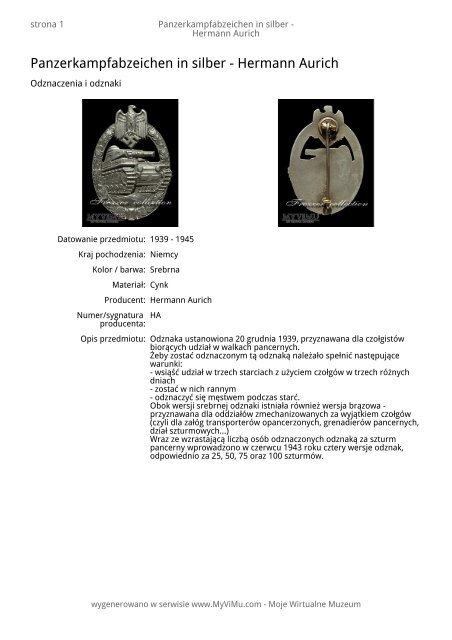 Panzerkampfabzeichen in silber - Hermann Aurich - MyViMu.com