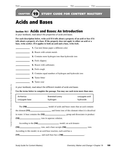 Chapter 18 Study Guide Acids And Bases Answer Key Study Poster