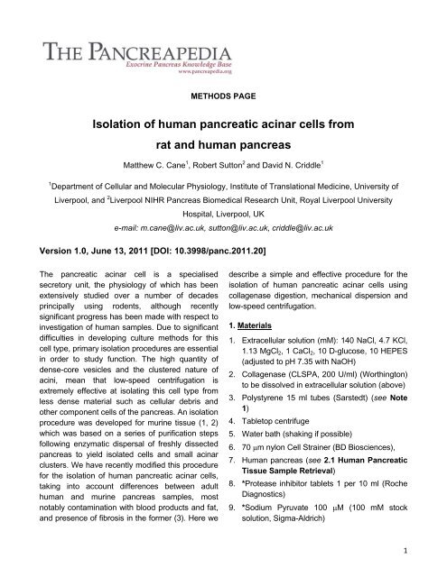 Isolation Of Human pancreatic Acinar cells Pdf - The Pancreapedia