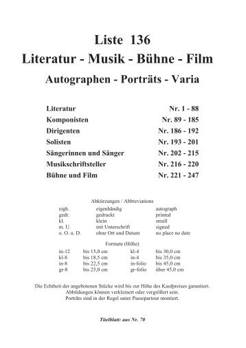 Liste 136 Literatur - Musik - B€hne - Film - Wiener Antiquariat Ingo ...